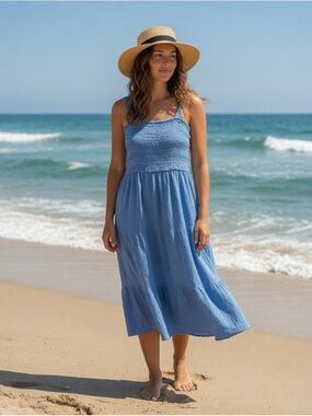 Blue Smocked Cotton Midi Dress XL Coastal Cottagecore Tiered Beach Resort Summer